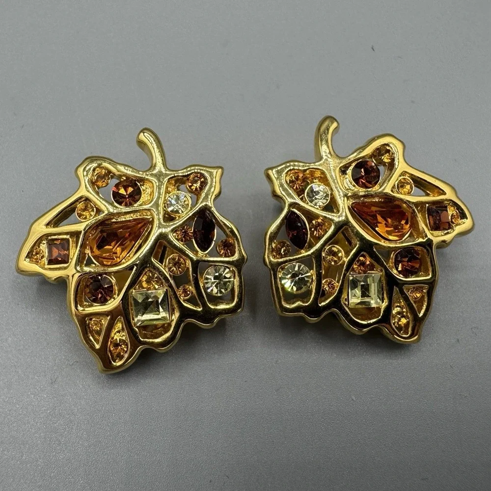 Vintage Nolan Miller Gold Tone Autumn Leaf Rhinestone Clip On Earrings
